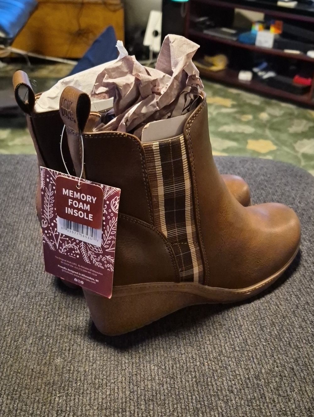 Muk Luks Brown Wedge Chelsea Booties with Plaid Elastic Panels